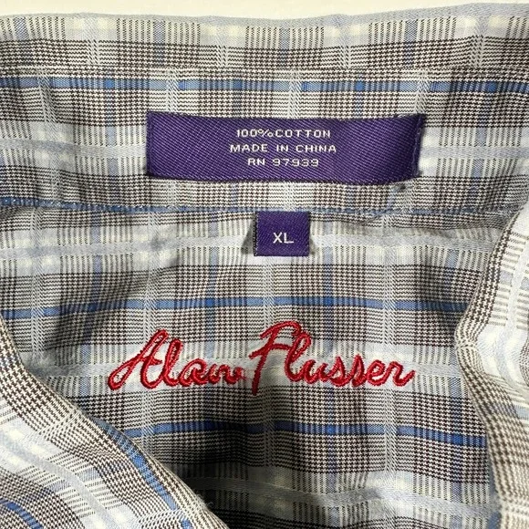 Alan Flusser Shirt Mens XL Casual Pocket Button Down Plaid Long Sleeve Blue‎ - Picture 5 of 7